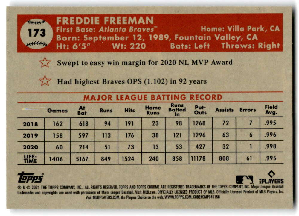 2021 Topps Chrome Platinum Anniversary #173 Freddie Freeman Atlanta V97201 Image 2