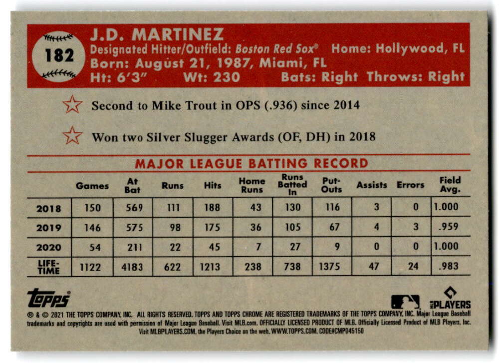 2021 Topps Chrome Platinum Anniversary #182 J.D. Martinez Boston Red Sox V97202 Image 2