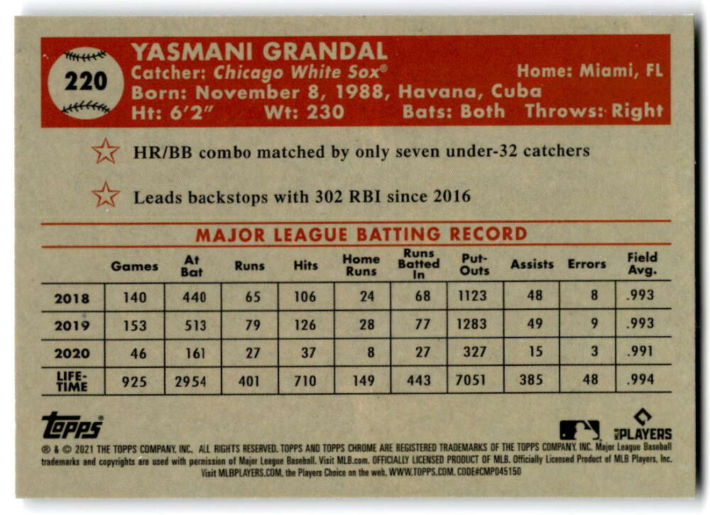 2021 Topps Chrome Platinum Anniversary #220 Yasmani Grandal Chicago V97205 Image 2