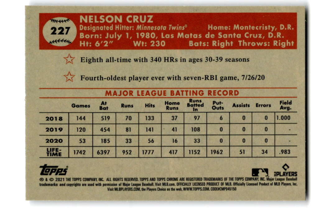 2021 Topps Chrome Platinum Anniversary #227 Nelson Cruz Minnesota Twins V97207 Image 2