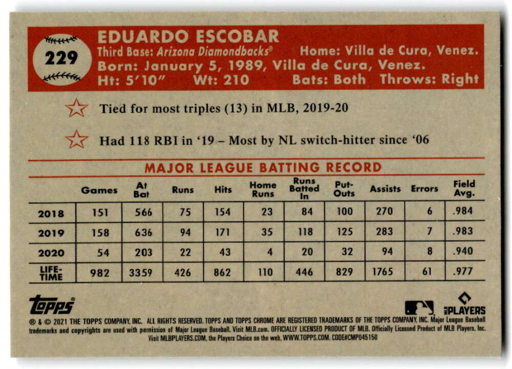2021 Topps Chrome Platinum Anniversary #229 Eduardo Escobar Arizona V97209 Image 2