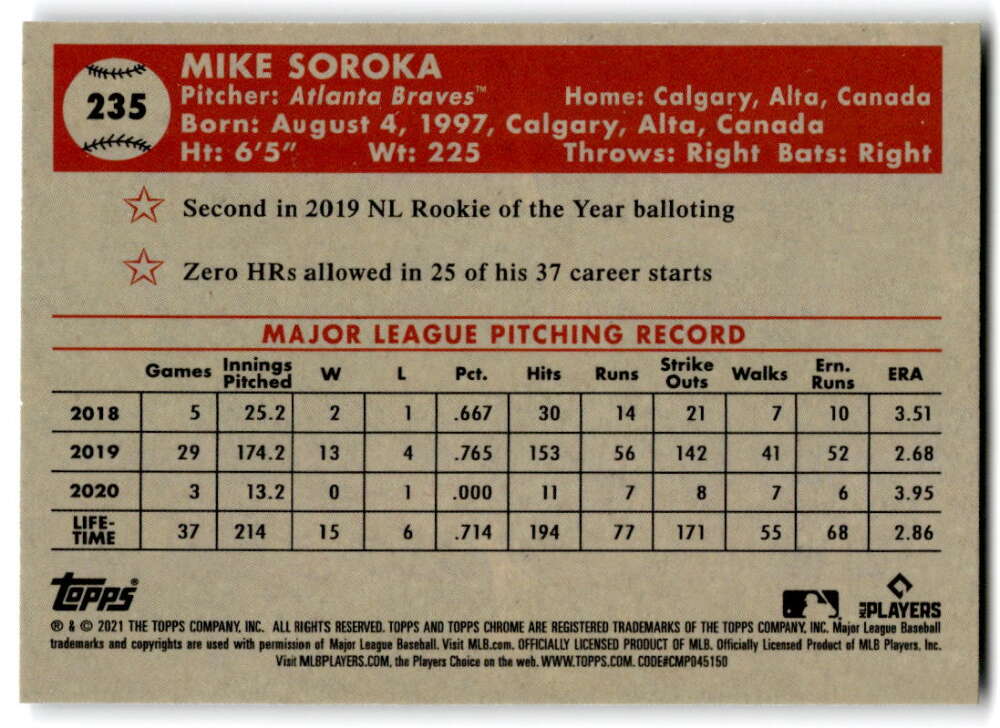 2021 Topps Chrome Platinum Anniversary #235 Mike Soroka Atlanta Braves V97210 Image 2