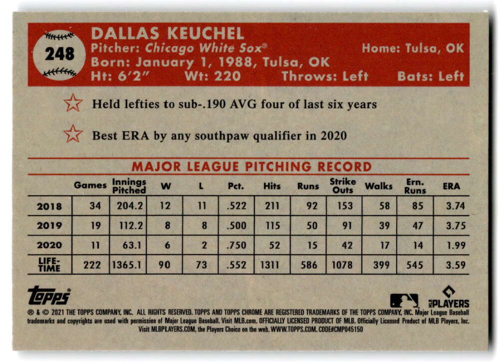2021 Topps Chrome Platinum Anniversary #248 Dallas Keuchel Chicago V97211 Image 2