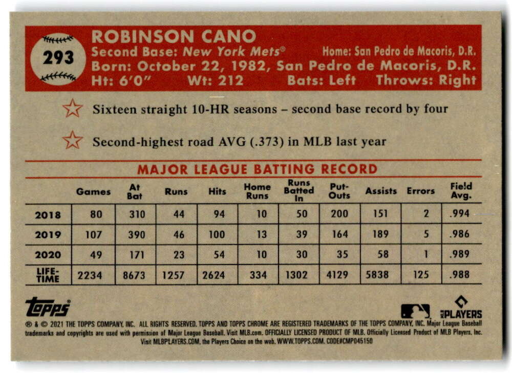 2021 Topps Chrome Platinum Anniversary #293 Robinson Cano New York Mets V97215 Image 2