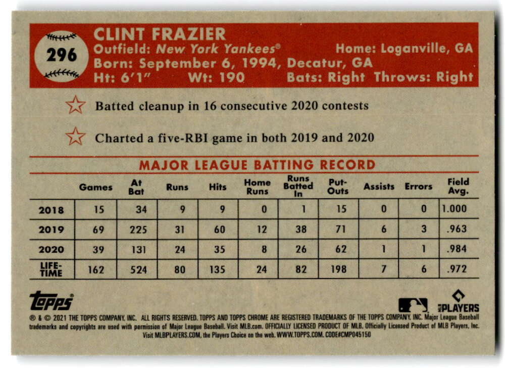 2021 Topps Chrome Platinum Anniversary #296 Clint Frazier New York V97216 Image 2