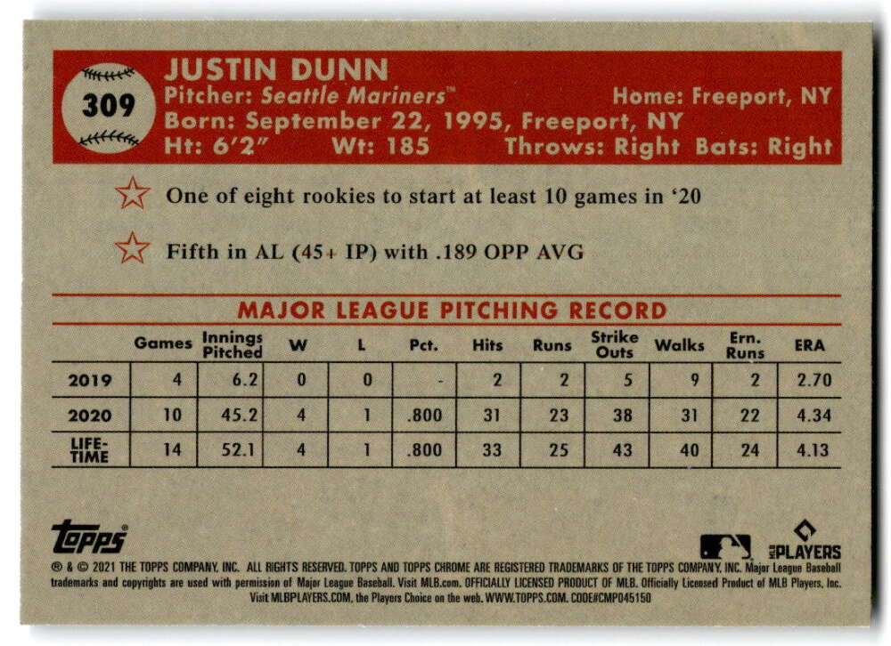 2021 Topps Chrome Platinum Anniversary #309 Justin Dunn Seattle Mariners V97217 Image 2