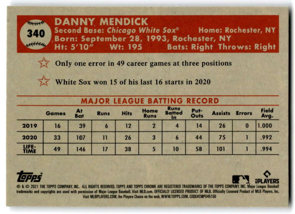 2021 Topps Chrome Platinum Anniversary #340 Danny Mendick Chicago V97221 Image 2