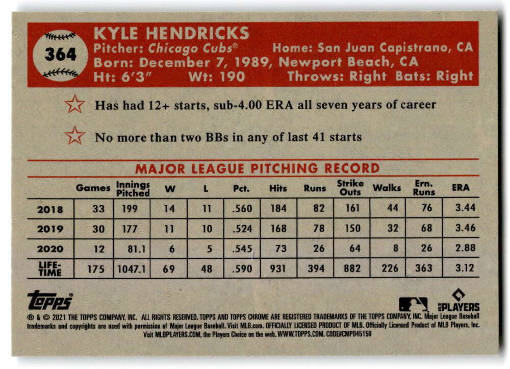 2021 Topps Chrome Platinum Anniversary #364 Kyle Hendricks Chicago Cubs V97223 Image 2