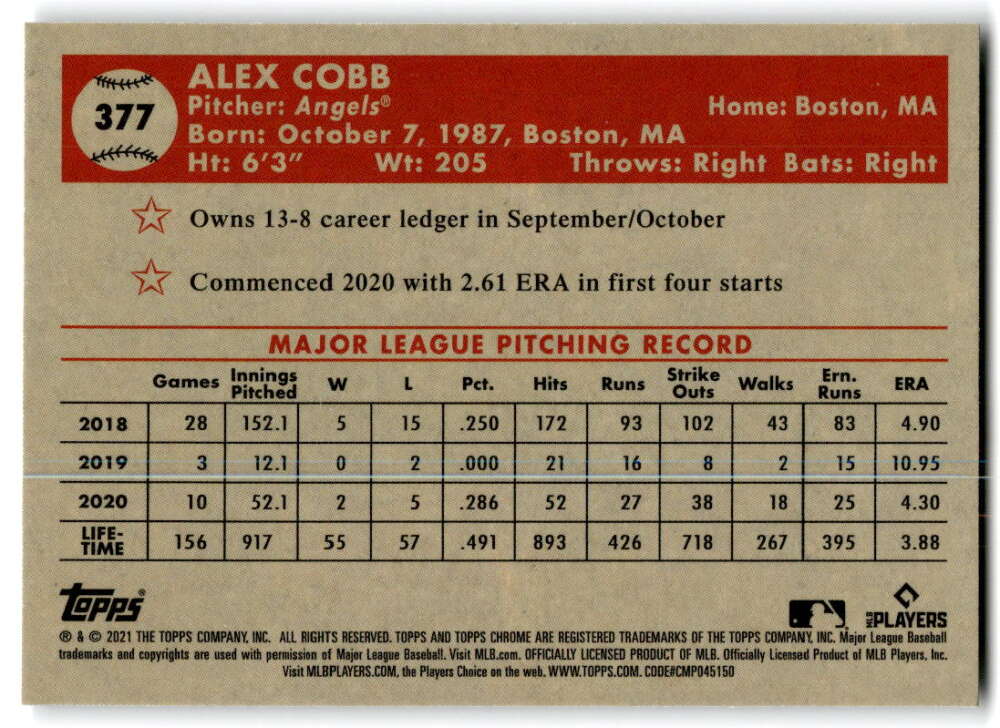 2021 Topps Chrome Platinum Anniversary #377 Alex Cobb Los Angeles Angels V97224 Image 2