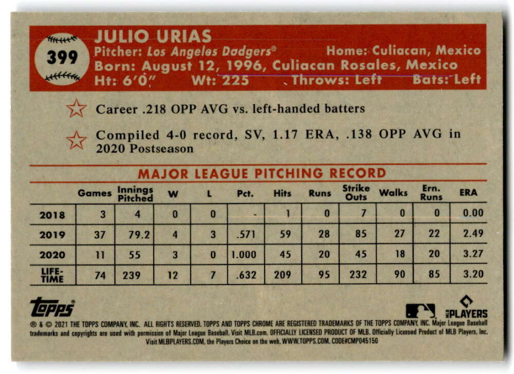2021 Topps Chrome Platinum Anniversary #399 Julio Urias Los Angeles V97226 Image 2