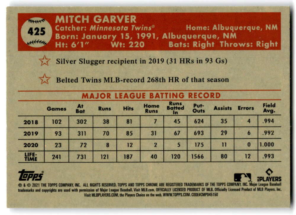 2021 Topps Chrome Platinum Anniversary #425 Mitch Garver Minnesota Twins V97228 Image 2