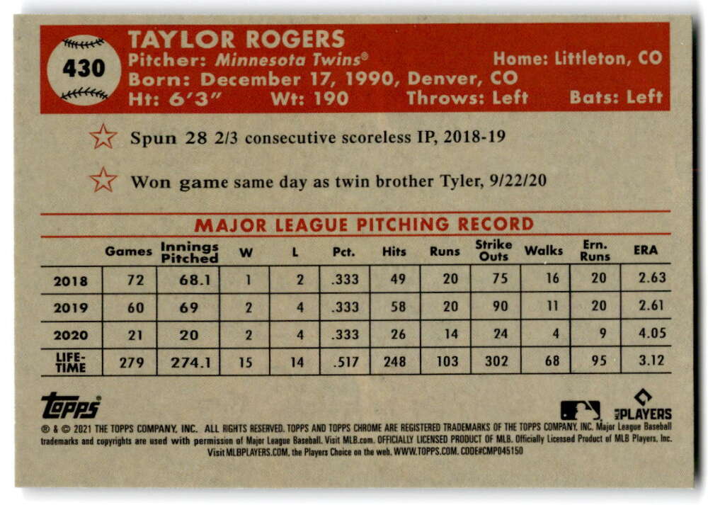 2021 Topps Chrome Platinum Anniversary #430 Taylor Rogers Minnesota V97231 Image 2