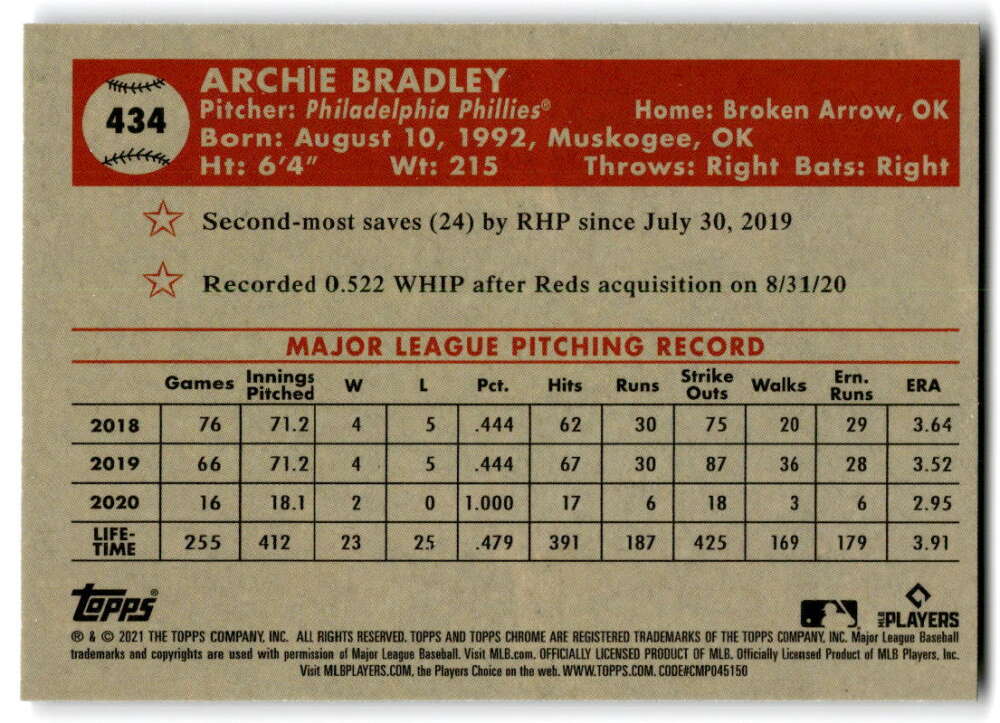 2021 Topps Chrome Platinum Anniversary #434 Archie Bradley Philadelphia V97232 Image 2