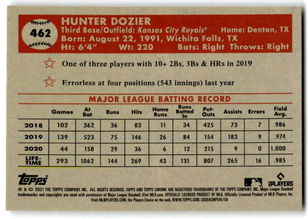 2021 Topps Chrome Platinum Anniversary #462 Hunter Dozier Kansas City V97236 Image 2
