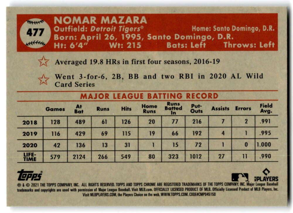2021 Topps Chrome Platinum Anniversary #477 Nomar Mazara Detroit Tigers V97238 Image 2