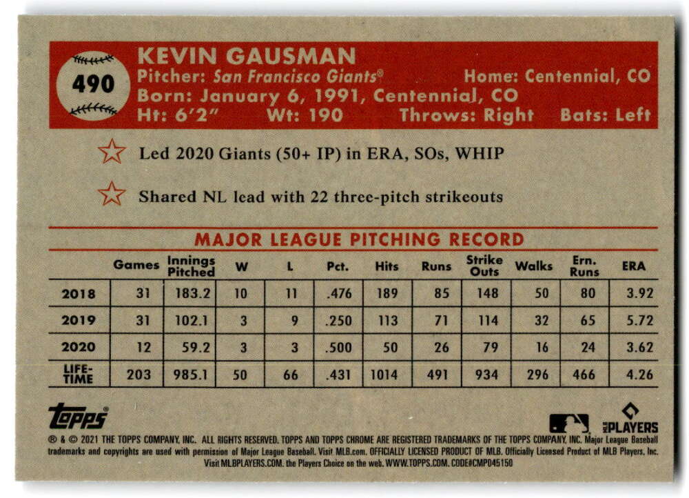 2021 Topps Chrome Platinum Anniversary #490 Kevin Gausman San Francisco V97240 Image 2