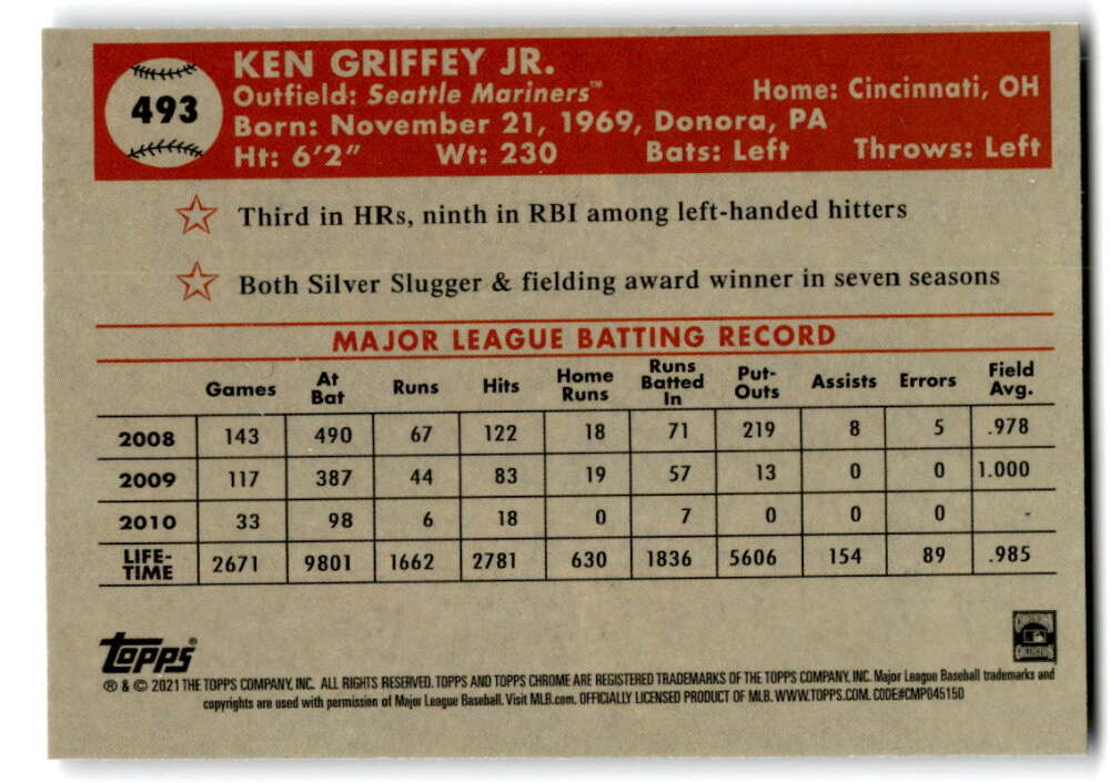 2021 Topps Chrome Platinum Anniversary #493 Ken Griffey Jr. Seattle V97241 Image 2