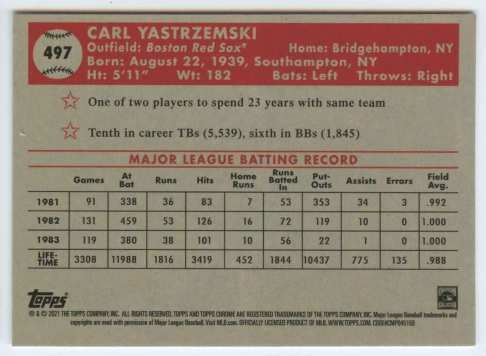 2021 Topps Chrome Platinum Anniversary #497 Carl Yastrzemski Boston V97242 Image 2