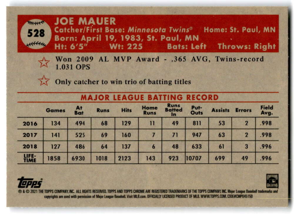 2021 Topps Chrome Platinum Anniversary #528 Joe Mauer Minnesota Twins V97244 Image 2