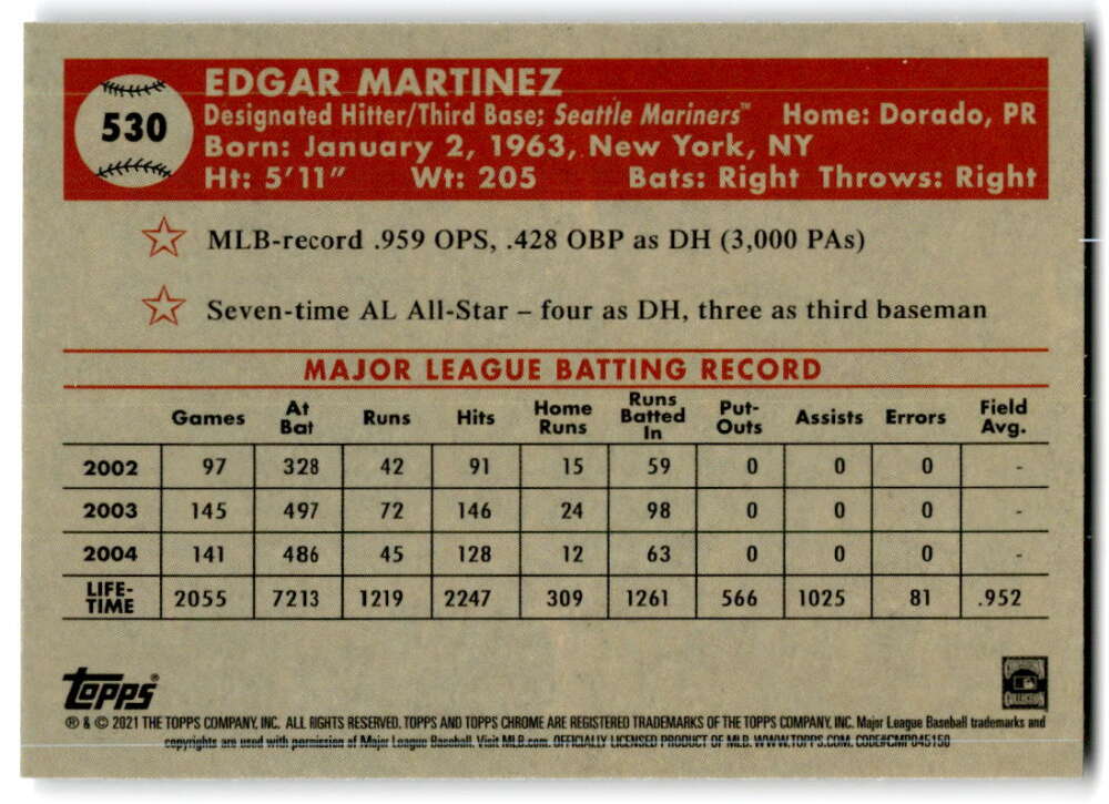 2021 Topps Chrome Platinum Anniversary #530 Edgar Martinez Seattle V97245 Image 2