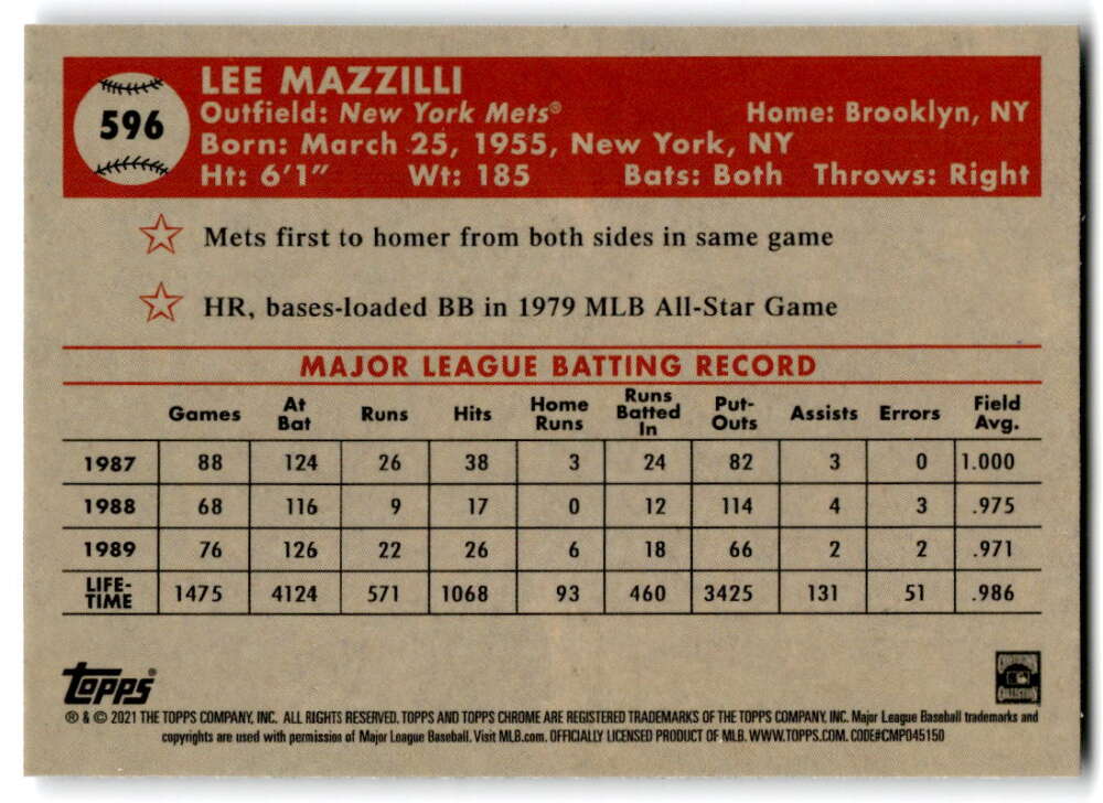2021 Topps Chrome Platinum Anniversary #596 Lee Mazzilli New York Mets V97247 Image 2