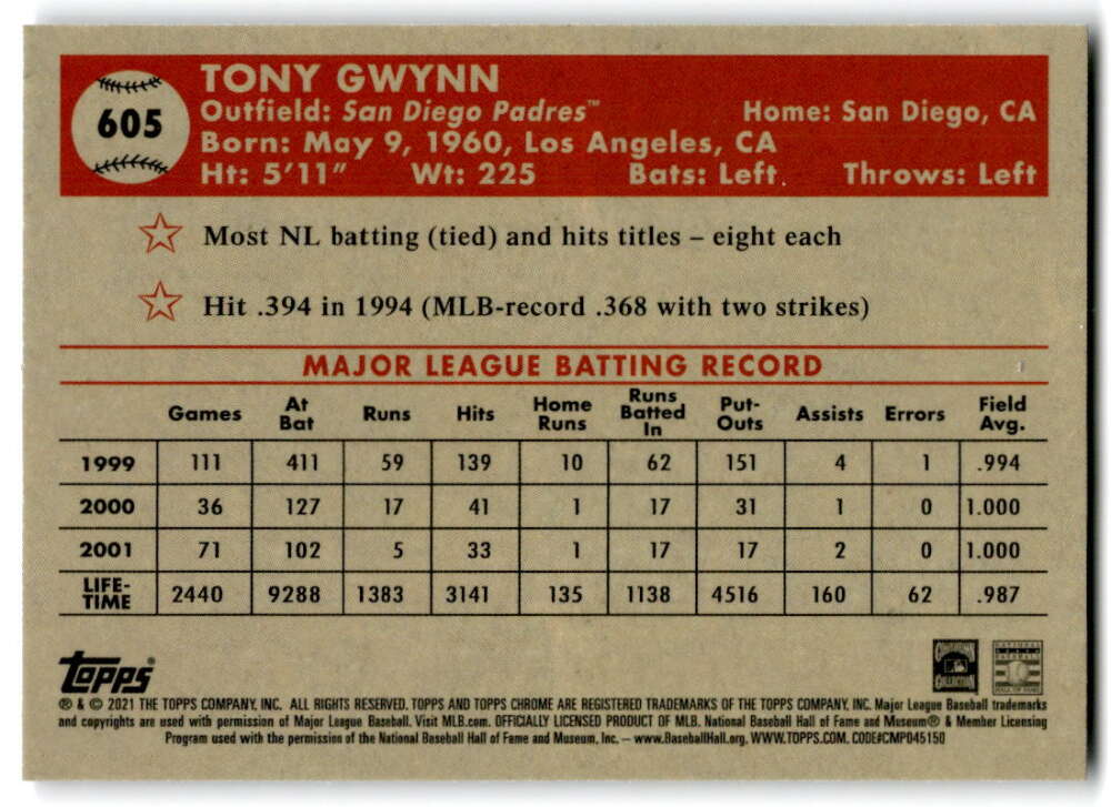2021 Topps Chrome Platinum Anniversary #605 Tony Gwynn San Diego Padres V97250 Image 2