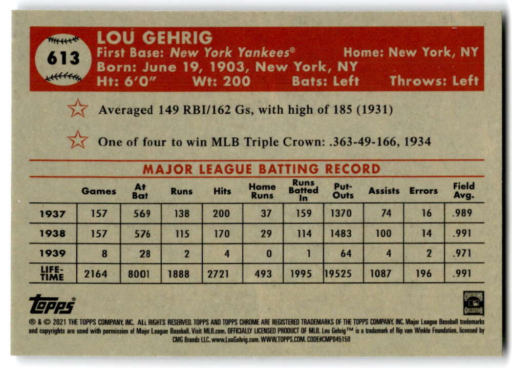 2021 Topps Chrome Platinum Anniversary #613 Lou Gehrig New York Yankees V97251 Image 2