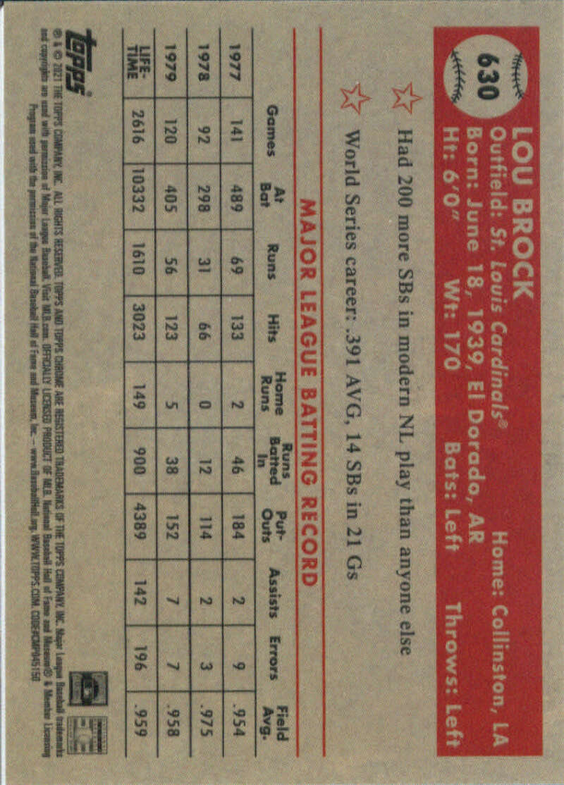 2021 Topps Chrome Platinum Anniversary #630 Lou Brock St. Louis V97254 Image 2
