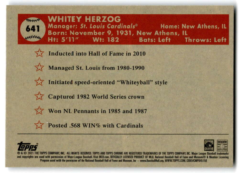 2021 Topps Chrome Platinum Anniversary #641 Whitey Herzog St. Louis V97255 Image 2