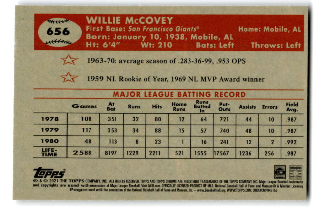 2021 Topps Chrome Platinum Anniversary #656 Willie McCovey San Francisco V97257 Image 2