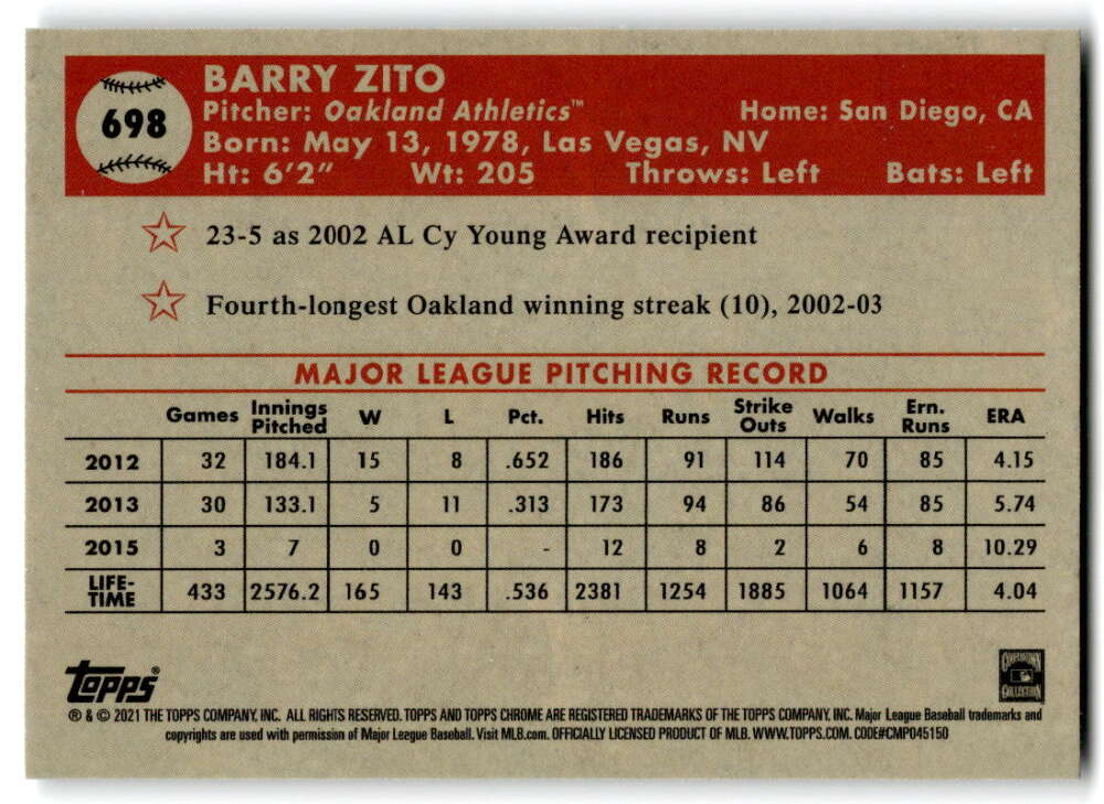 2021 Topps Chrome Platinum Anniversary #698 Barry Zito Oakland Athletics V97262 Image 2
