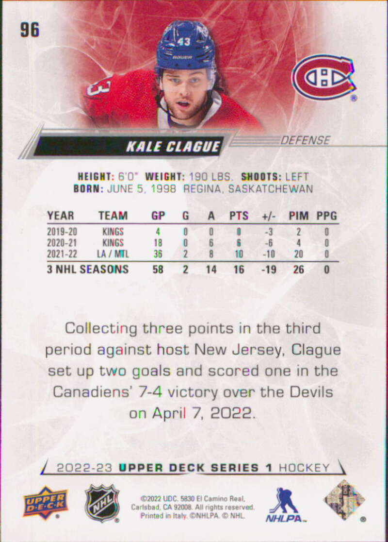 2022-23 Upper Deck Hockey #96 Kaleague Montreal Canadiens Image 2