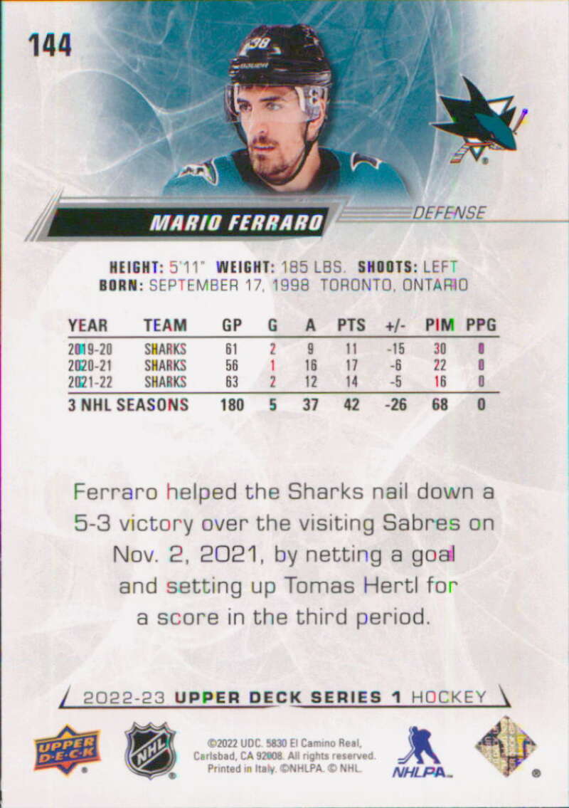 2022-23 Upper Deck Hockey #144 Mario Ferraro San Jose Sharks Image 2