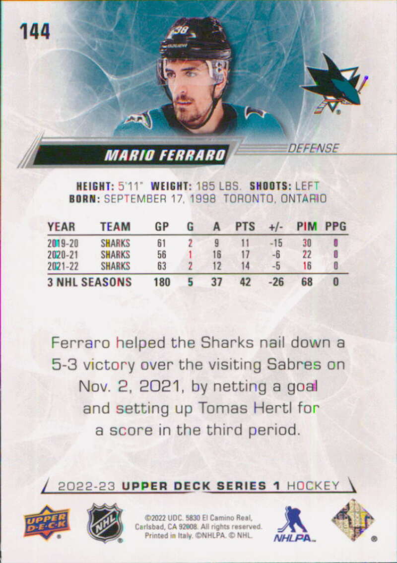 2022-23 Upper Deck Hockey #144 Mario Ferraro  San Jose Sharks  Image 2
