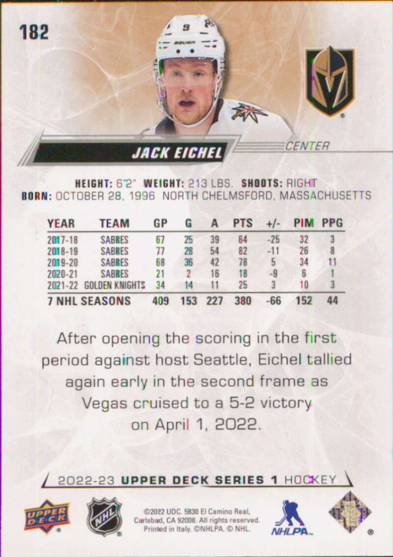 2022-23 Upper Deck Hockey #182 Jack Eichel Vegas Golden Knights Image 2