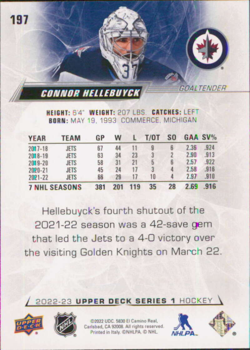 2022-23 Upper Deck Hockey #197 Connor Hellebuyck Winnipeg Jets Image 2
