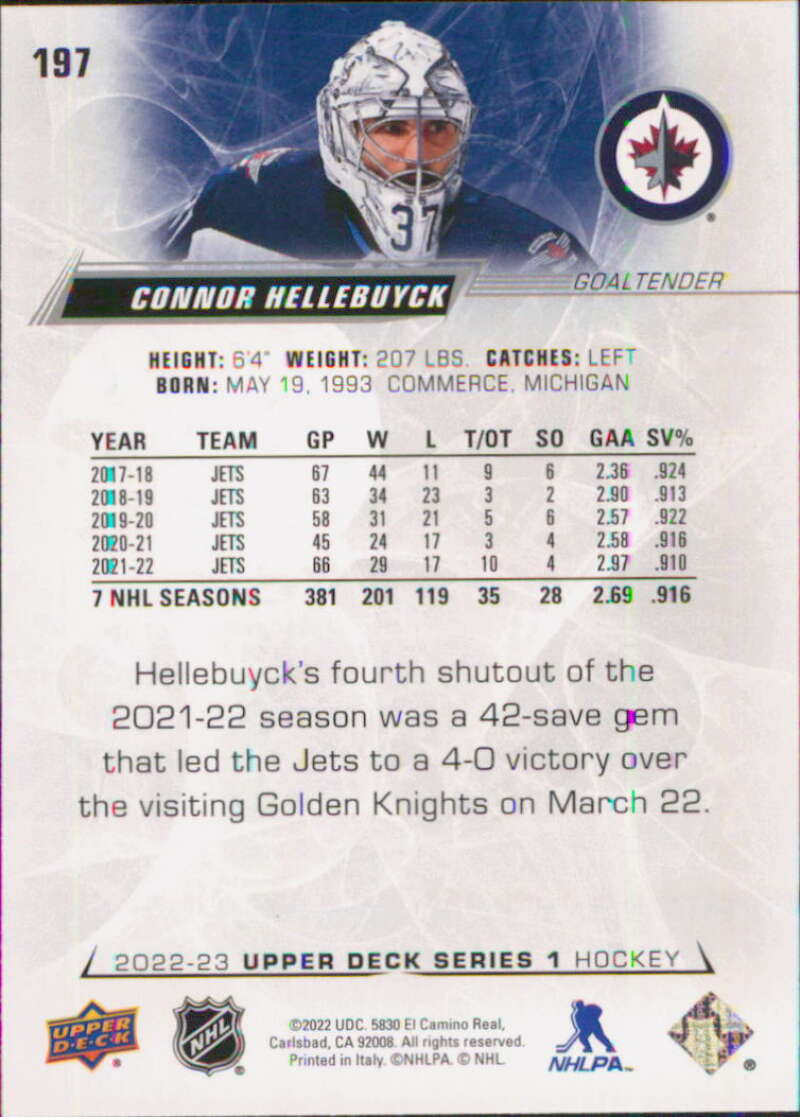 2022-23 Upper Deck Hockey #197 Connor Hellebuyck  Winnipeg Jets  Image 2