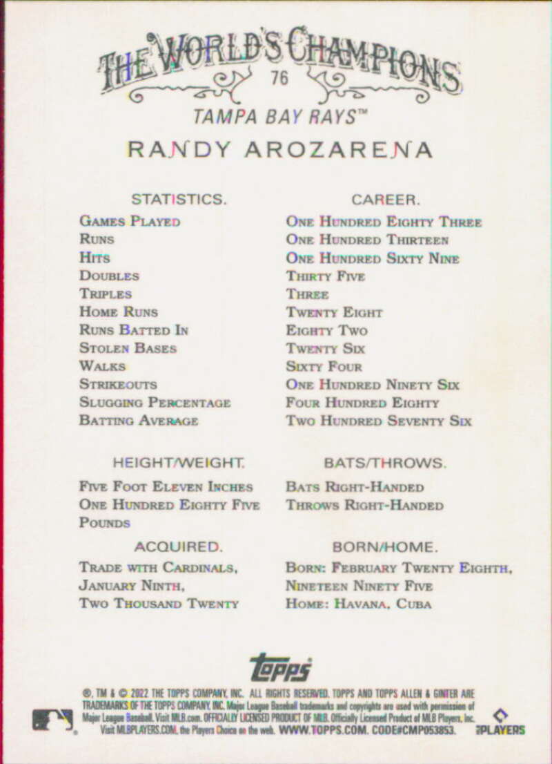 2022 Topps Allen and Ginter Baseaball #76 Randy Arozarena Tampa V97128 Image 2