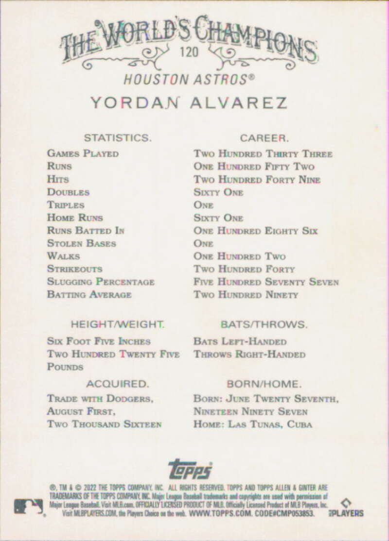 2022 Topps Allen and Ginter Baseaball #120 Yordan Alvarez Houston V97136 Image 2