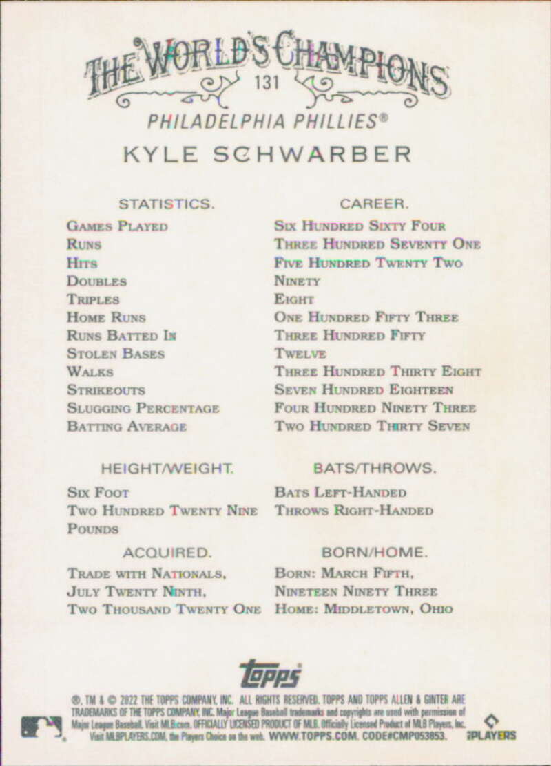 2022 Topps Allen and Ginter Baseaball #131 Kyle Schwarber Philadelphia V97140 Image 2