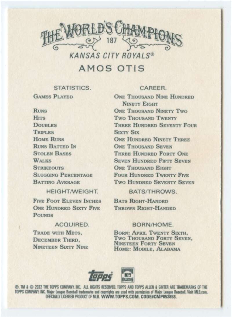 2022 Topps Allen and Ginter Baseaball #187 Amos Otis Kansas City V97147 Image 2