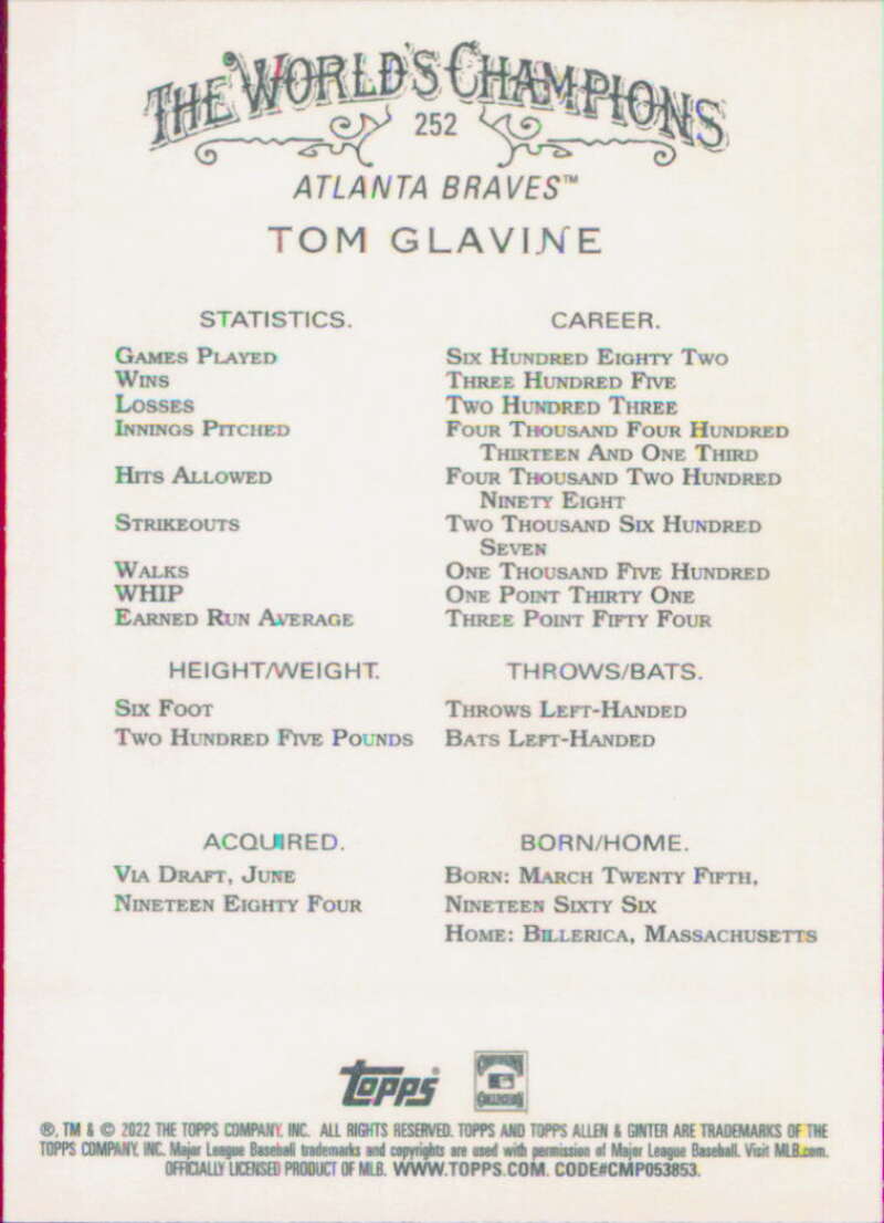2022 Topps Allen and Ginter Baseaball #252 Tom Glavine Atlanta Braves V97153 Image 2