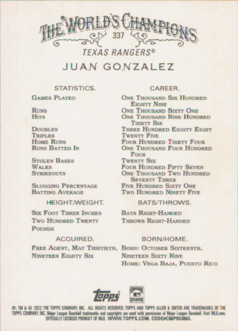 2022 Topps Allen and Ginter Baseaball #337 Juan Gonzalez Texas V97168 Image 2