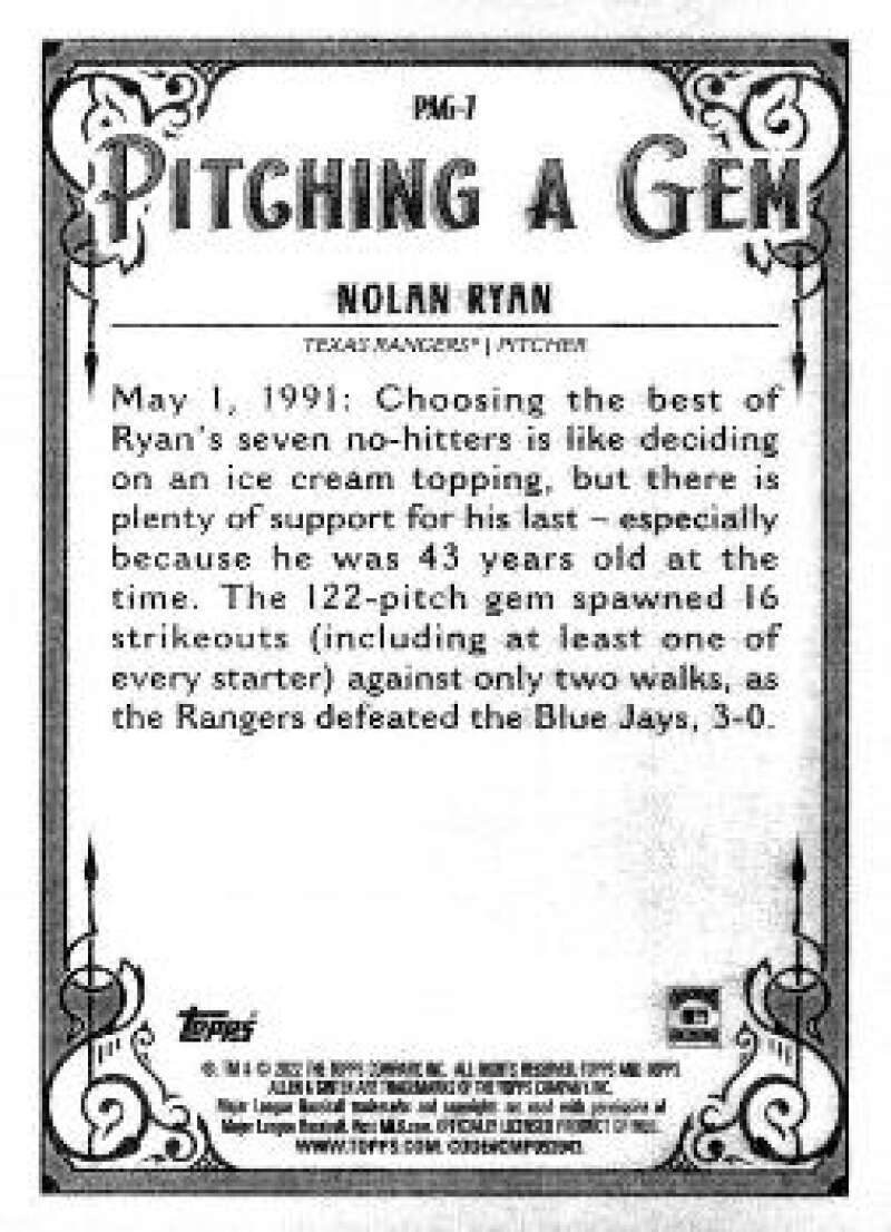 2022 Topps Allen and Ginter Baseaball Pitching a Gem #PAG-7 Nolan Ryan V97173 Image 2