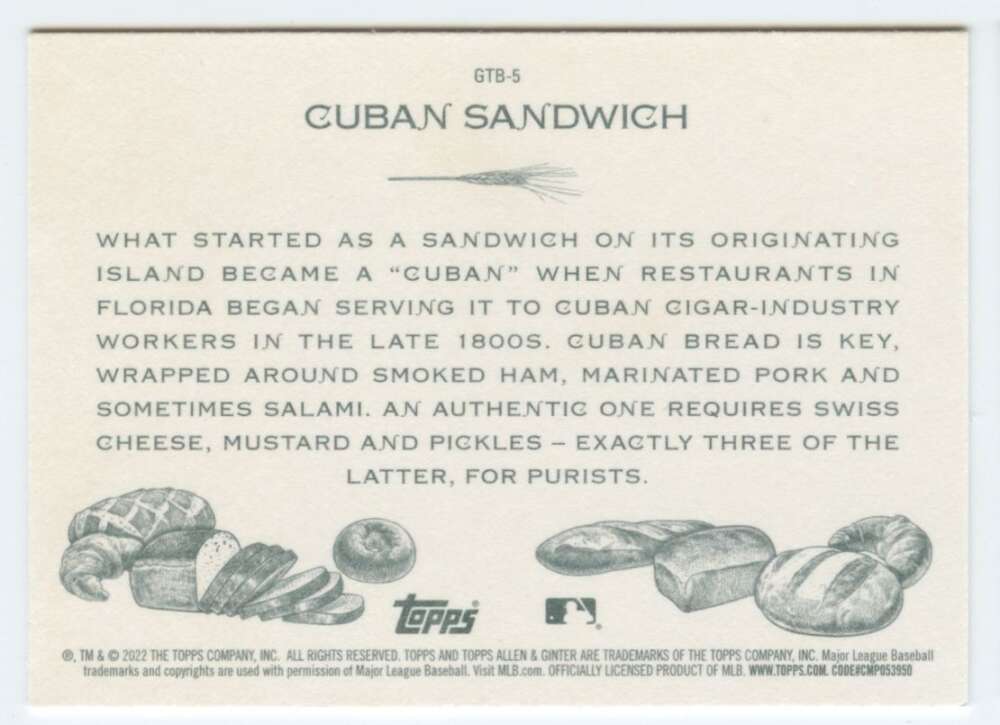 2022 Topps Allen and Ginter Baseaball That Bread #GTB-5 Cuban Sandwich V97179 Image 2