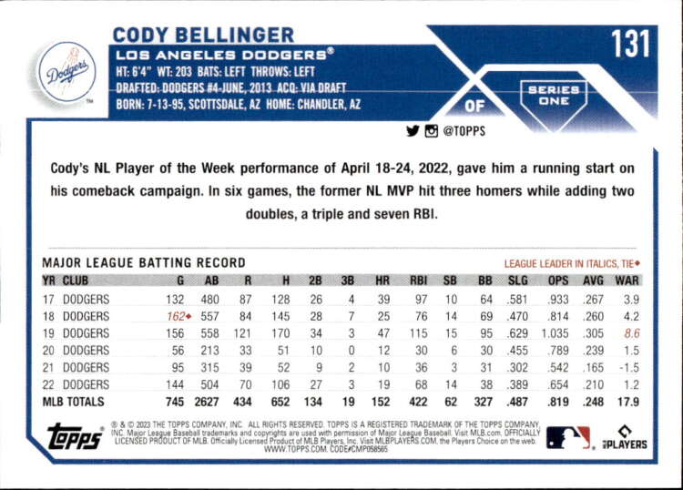 2023 Topps Baseball  #131 Cody Bellinger  Los Angeles Dodgers  Image 2