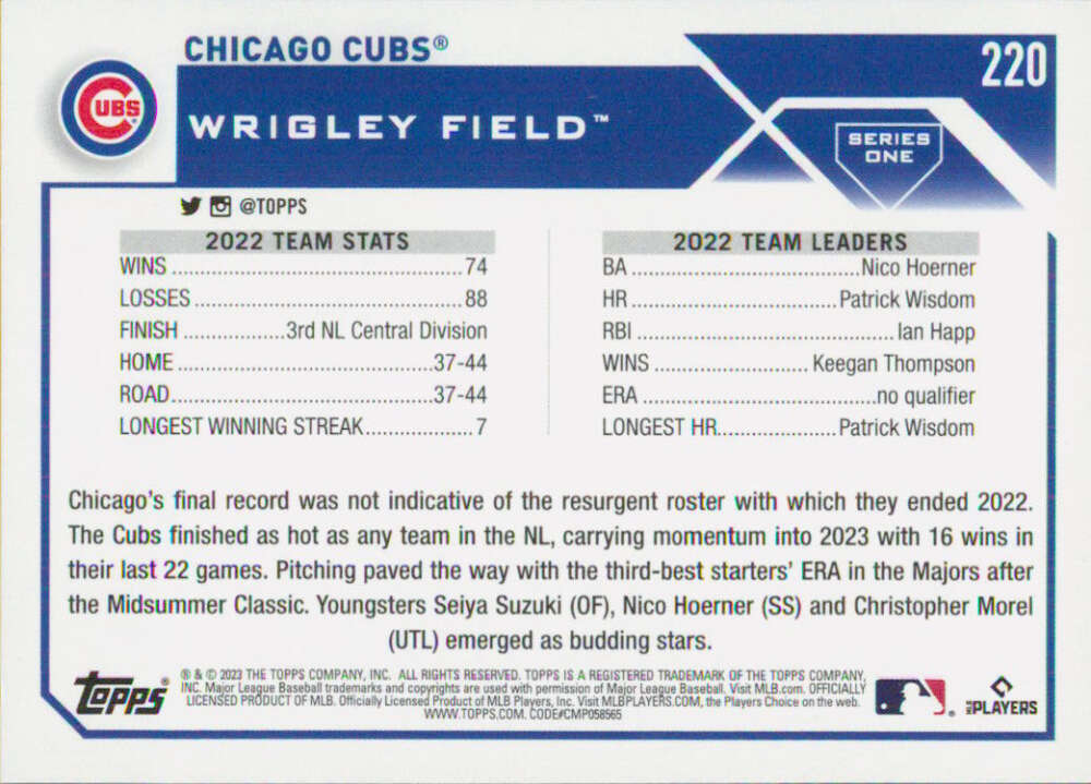 2023 Topps Baseball #220 Chicago Cubs Team Card Image 2