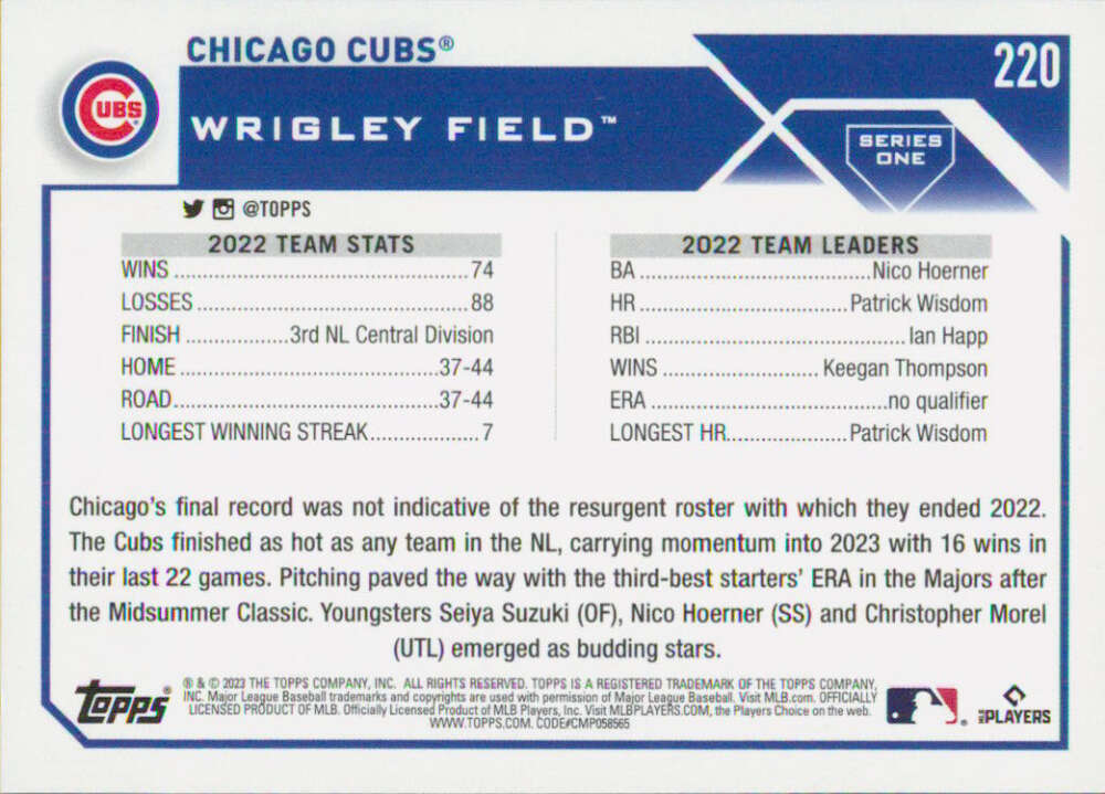 2023 Topps Baseball  #220 Chicago Cubs  Team Card  Image 2