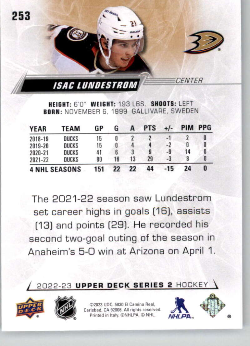 2022-23 Upper Deck Hockey #253 Isac Lundestrom Anaheim Ducks Image 2
