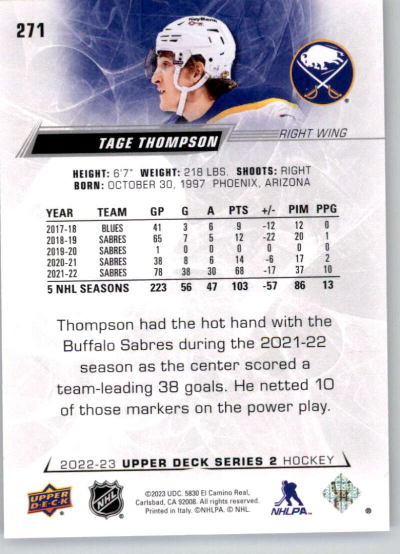 2022-23 Upper Deck Hockey #271 Tage Thompson Buffalo Sabres Image 2